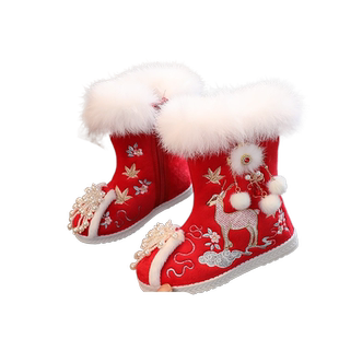 拜年鞋女童汉服鞋冬季儿童加绒宝宝中长筒棉靴老北京女童绣花鞋子