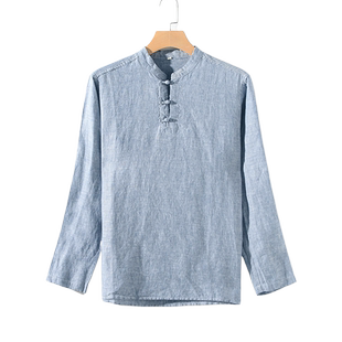 2024春季中式立领汉元素复古中国风衬衫男士亚麻休闲宽松长袖上衣