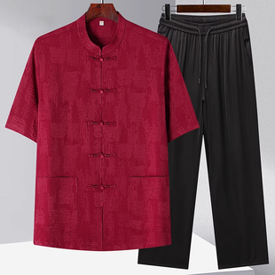 唐装男款夏季 男士中山装新中式 红色唐装上衣 中年爸爸夏装套装