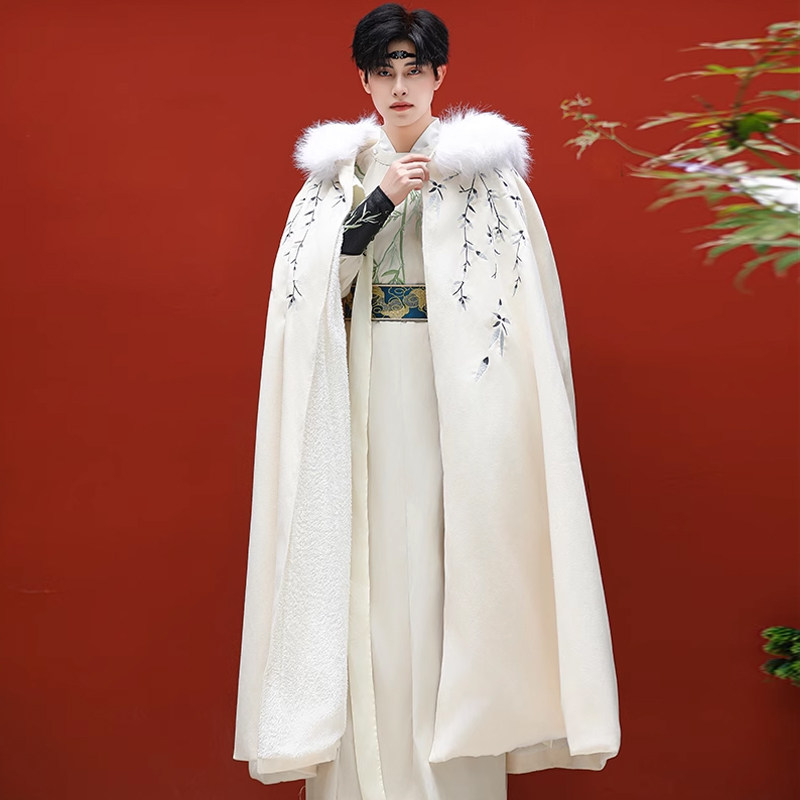 冬款汉服斗篷原创汉服披风保暖加绒加厚男装超大码可拆大毛领外套