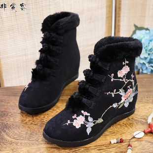 鞋子女鞋冬天十里梅花加绒女靴子民族风绣花汉服鞋古风内增高短靴