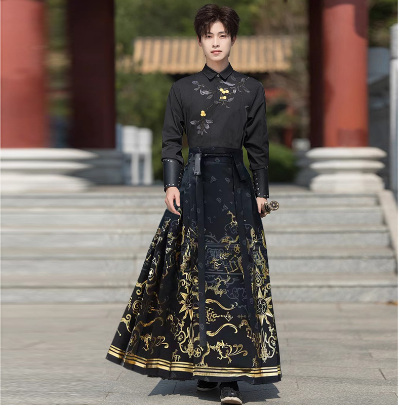 新中式男士唐装国潮套装改良版日常可穿的汉服古风男装马面裙春夏