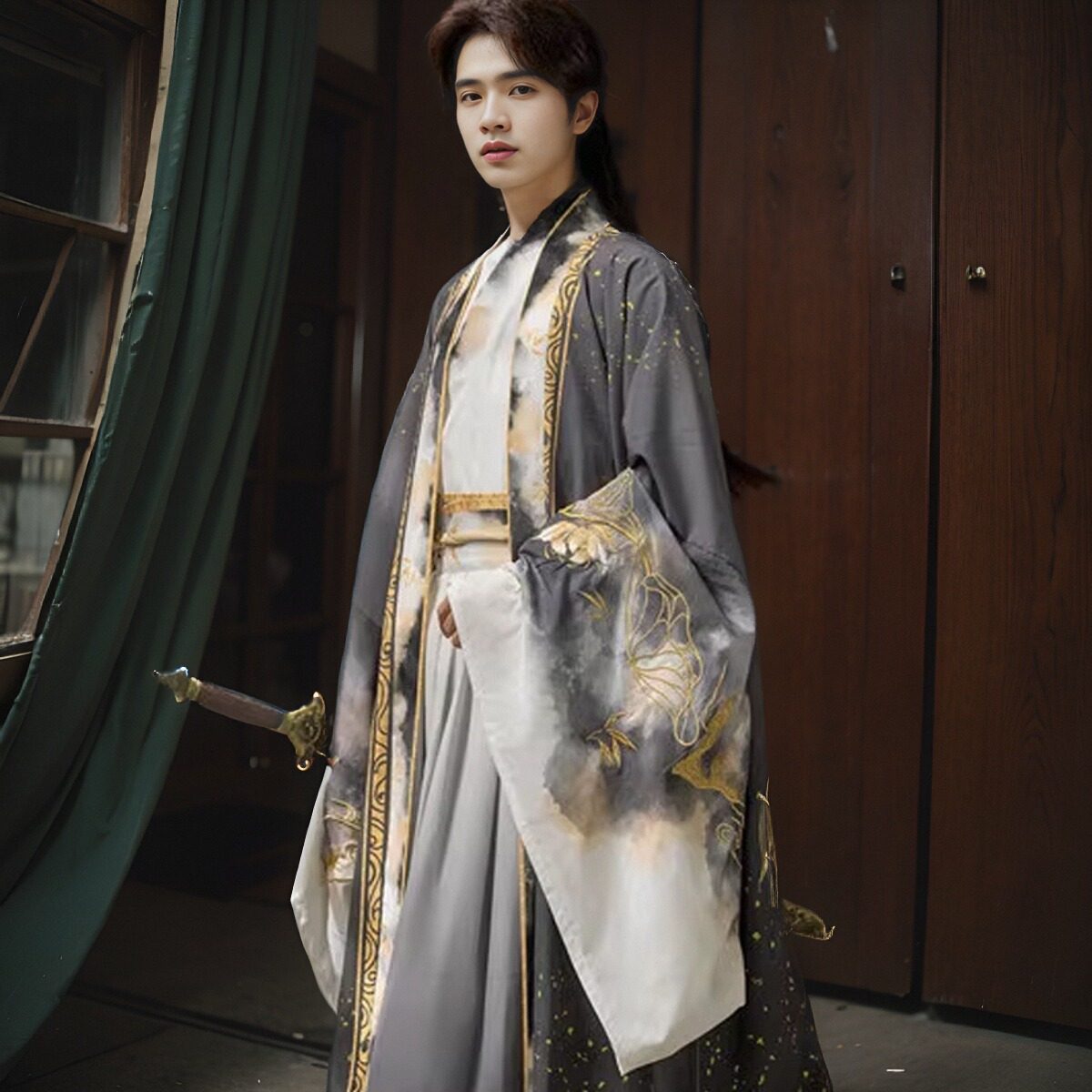 魏晋风交领齐腰大袖衫男士汉服中国风青少年渐变帅气古风男装套装