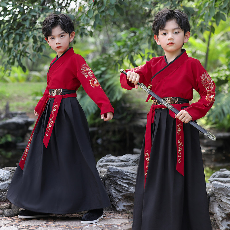 횡포 한 HANFU 소년 새로운 중국 스타일 개선 한 요소 HANFU 입체 자수 크로스 칼라 스커트 투피스 세트 여름