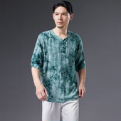 棉麻国风上衣夏季 休闲蓝色T恤 抓染新中式 2026新款 竹节棉t恤男短袖