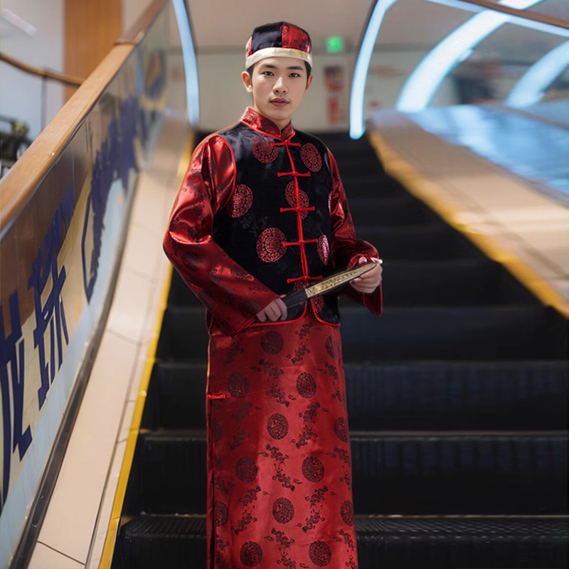 中式婚礼新郎长袍马褂装敬酒礼服红色唐装男款上衣清朝阿哥演出服