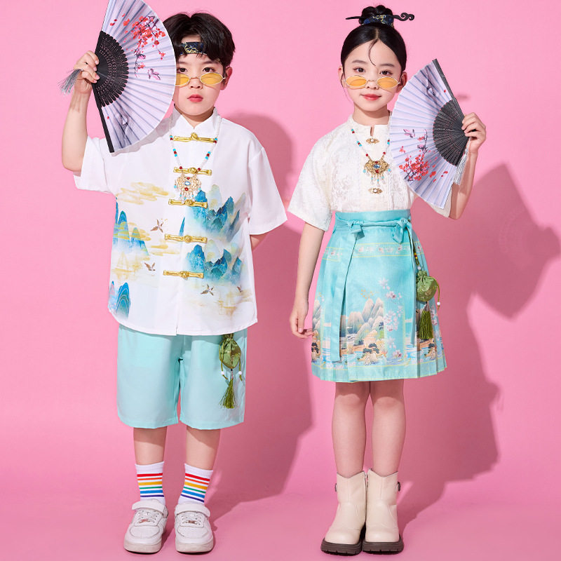 2026新款夏薄款表演服男童汉服女童马面裙班服学生合唱演出服套装