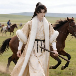 原创织金唐制圆领袍重工保暖加厚外套男冬季汉服帅气古风斗篷套装