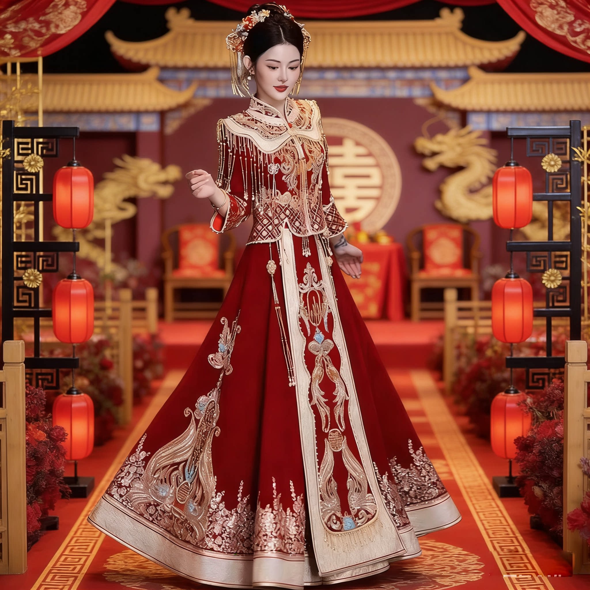 秀禾服新娘奢华丝绒珠绣凤冠霞帔新娘结婚中式婚服重工高档出阁服