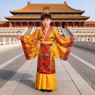 儿童古装秦唐汉朝皇帝天子龙袍大王六一古代演出服摄影头饰套装裙