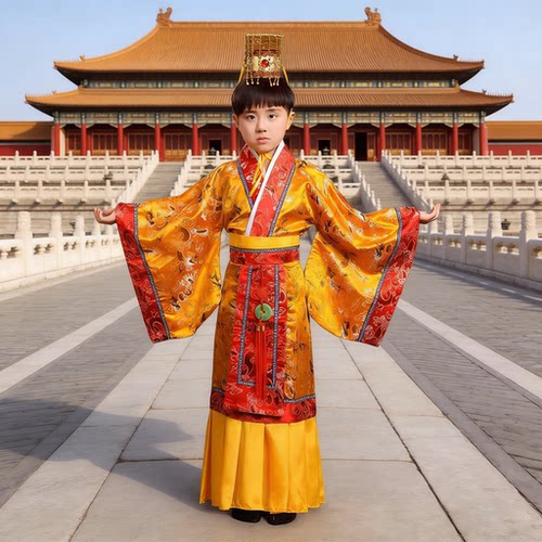 儿童古装秦唐汉朝皇帝天子龙袍大王六一古代演出服摄影头饰套装裙