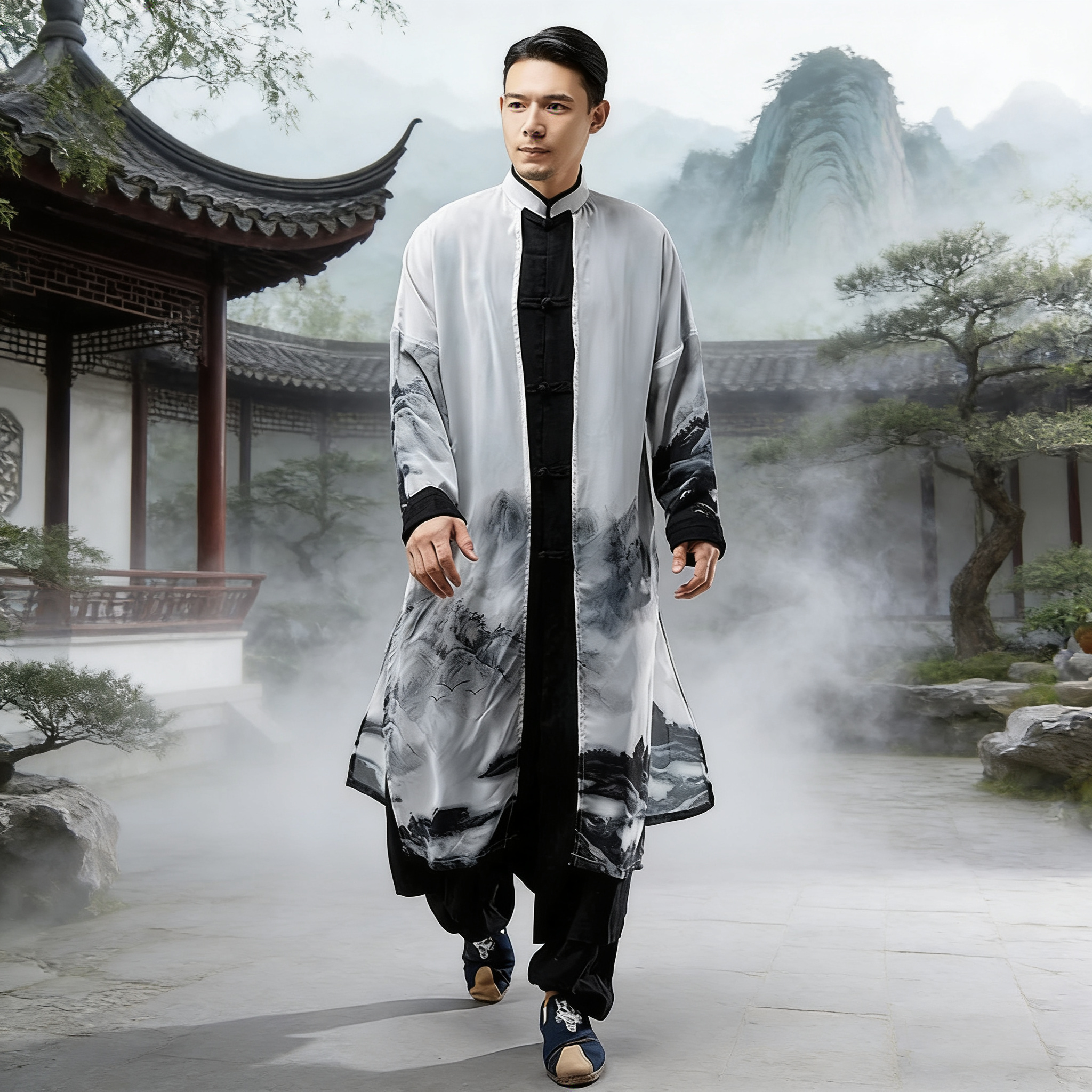 春秋季长衫男汉服古装中国风棉麻男装假两件中式盘扣风衣外套套装