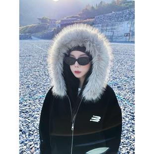 HIPASFSAPABL毛领座山雕卫衣外套女美式 情侣连帽拉链加绒冬季 开衫
