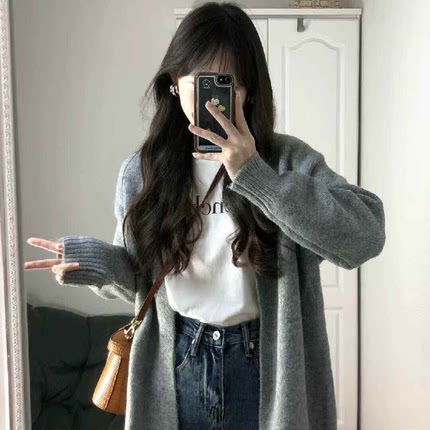 高级感！宽松显瘦慵懒风外搭开衫女软糯过膝中长款毛衣外套春秋季