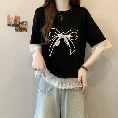 2025夏季新款款蝴蝶结蕾丝拼接短袖T恤大码女装胖mm正肩显瘦上衣