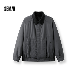 森马棉服男假两件飞行员外套拼接牛仔翻领棉衣冬2025新款oversize