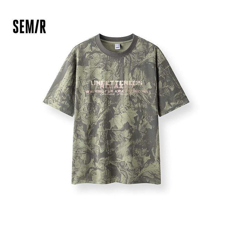 森马短袖T恤男生个性户外迷彩上衣简潮字母印花夏装2025新款小众