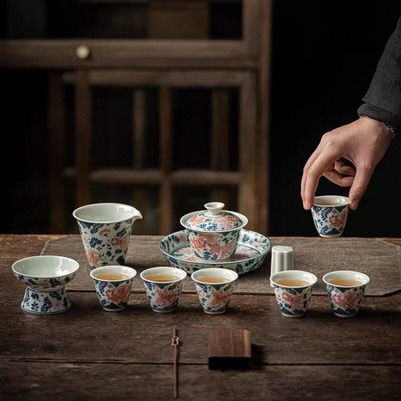 功夫茶具套装家用复古青花陶瓷盖碗壶承小茶杯整套茶室高端泡茶器