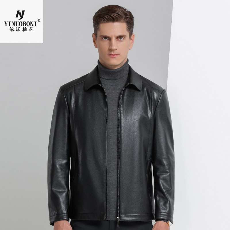 Leather Mens middle-aged soft leather jacket spring and autumn Korean thin jacket lapel solid color casual dad jacket loose jacket