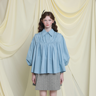 HSIYOUNWOO春秋冬丝棉复古抽褶小众设计师高级灯笼袖 A型格雷衬衫