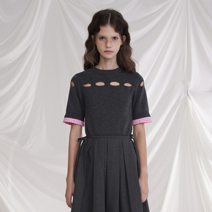 HSIYOUNWOO春秋冬桑蚕丝羊毛设计感小众镂空通勤显瘦短袖 女针织衫