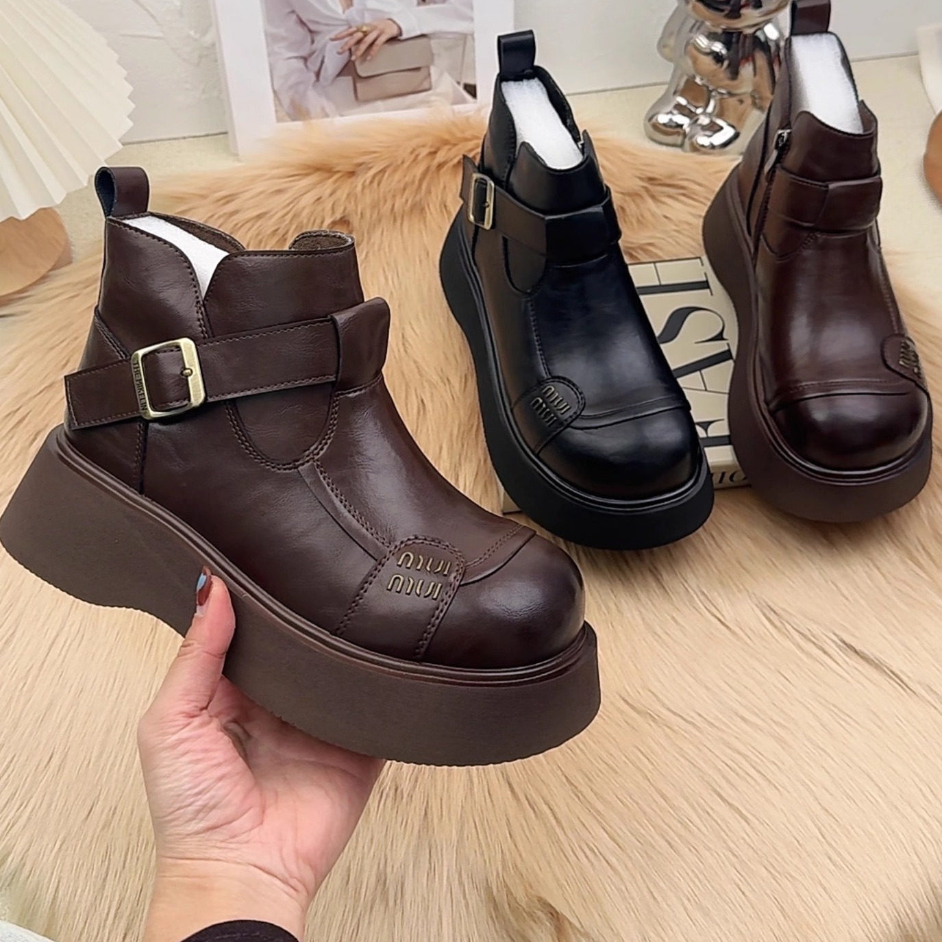 品牌真皮厚底马丁靴女2025新款复古英伦风粗勃肯防滑圆头加绒短靴,女鞋,马丁靴,淘宝优惠券,粉丝福利购,淘宝优惠卷