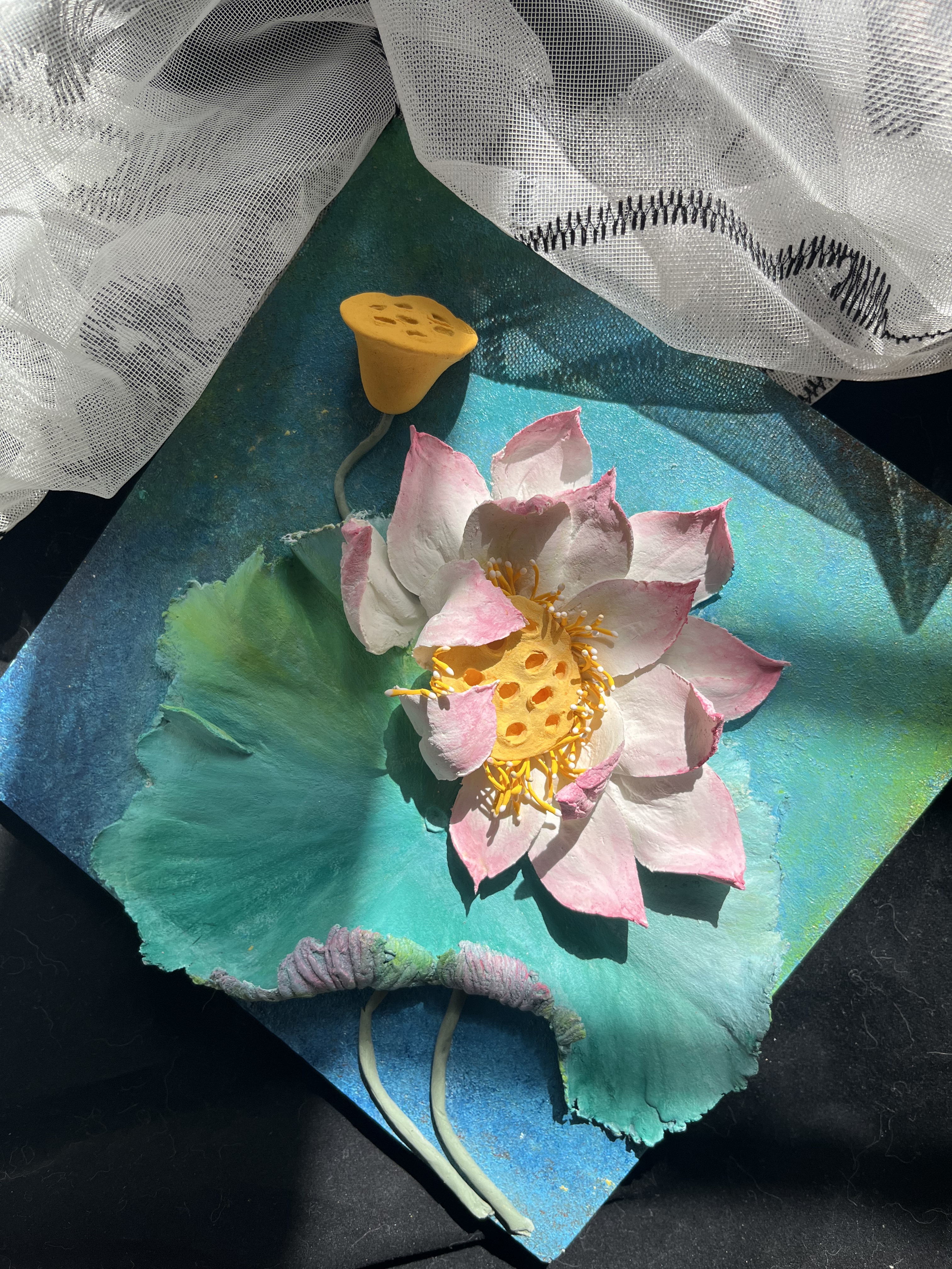 可定制纯手工俄罗斯立体浮雕画荷花刮刀画diy绘画装饰画特色礼品图片