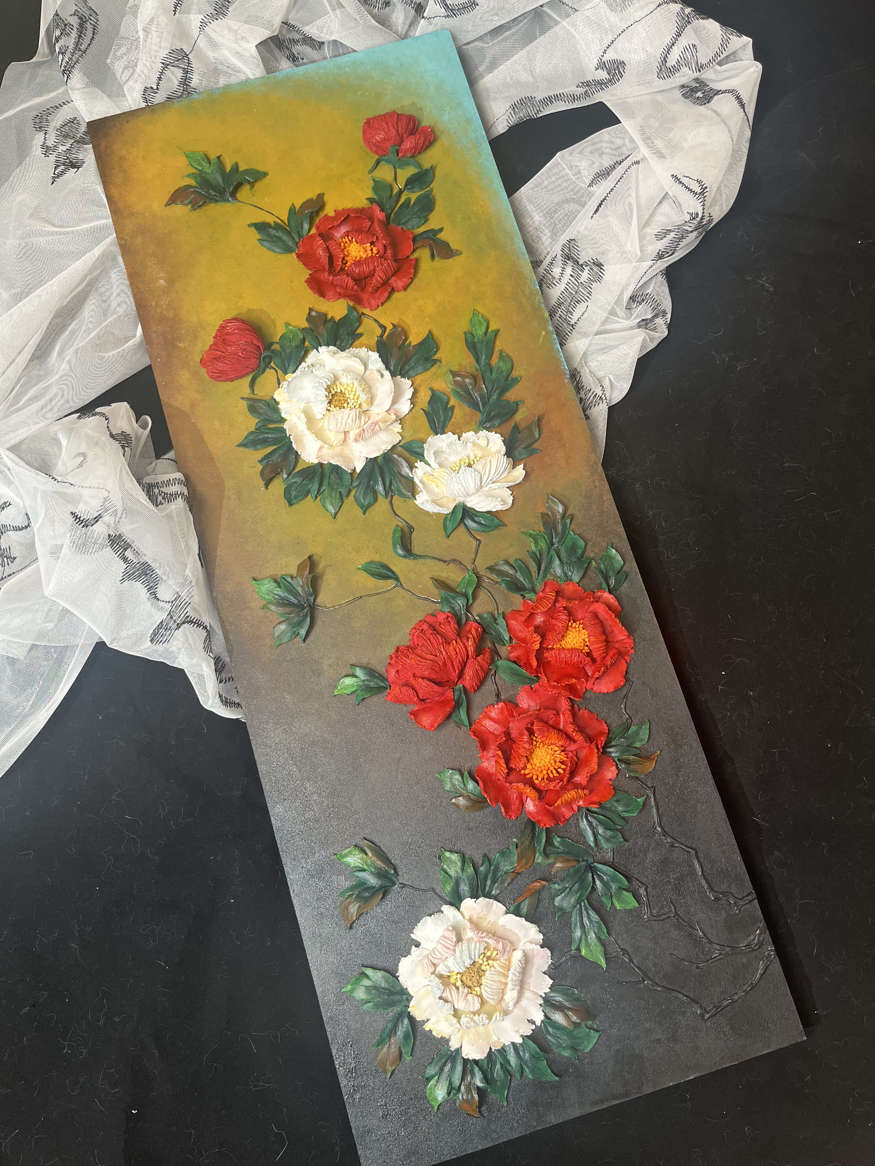 纯手工艺品定制立体浮雕画牡丹刮刀画diy办公室玄关装饰画礼物图片
