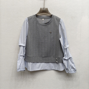 女圆领显瘦百搭上衣休闲风26A11春款 时尚 女假两件撞色拼接针织衫