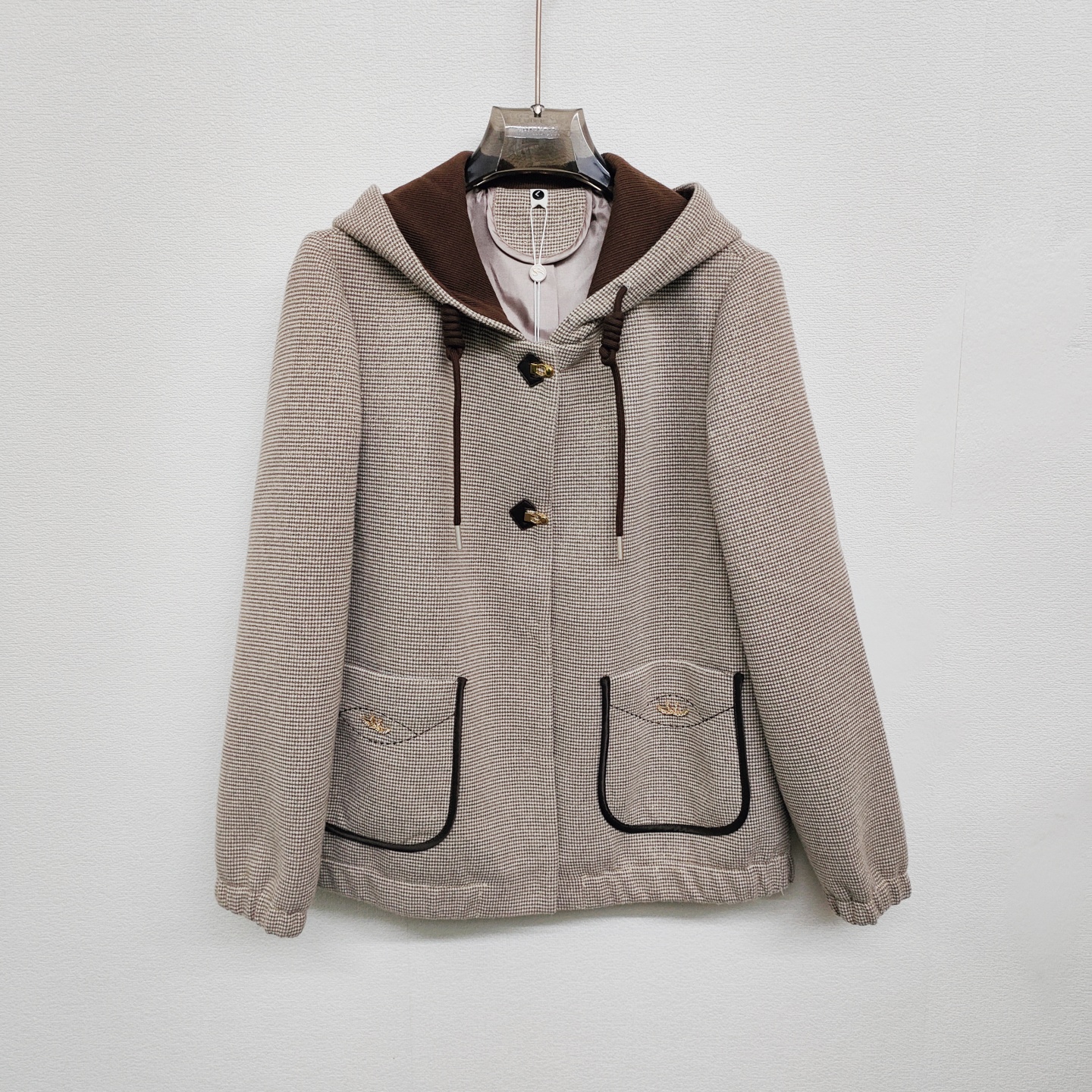 专柜正品毛呢连帽短外套中年妈妈减龄细格子大衣2025秋冬新款607