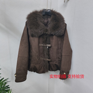 羽绒服轻奢风女款 正品 短款 狐狸毛领鹿皮绒90鸭绒2025冬装 外套 爆款