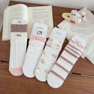 早春夏新品 ins风KT猫咪中筒袜女士堆堆袜刺绣卡通学院风百搭 韩系