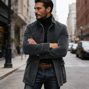 夹克外套 西服男士 跨境现货春秋欧美独立站 ins口袋纽扣纯色开衫