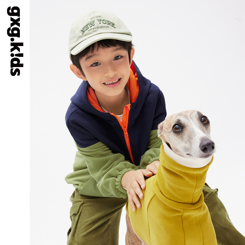 gxgkids童装儿童卫衣秋新品男童洋气撞色拼接舒适连帽卫衣上衣