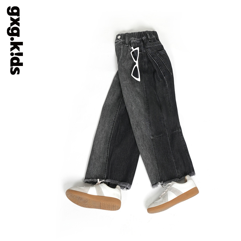 GXG童装春季儿童裤子女童牛仔毛边简约休闲直筒长裤子