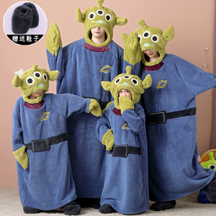 搞怪三眼仔亲子睡衣秋冬季男女童珊瑚绒加厚情侣一家四口儿童睡袋