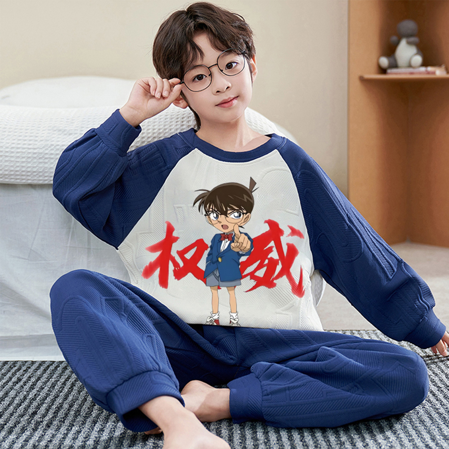 儿童睡衣秋冬天男童加厚保暖柯南卡通空气夹层棉男孩子家居服套装