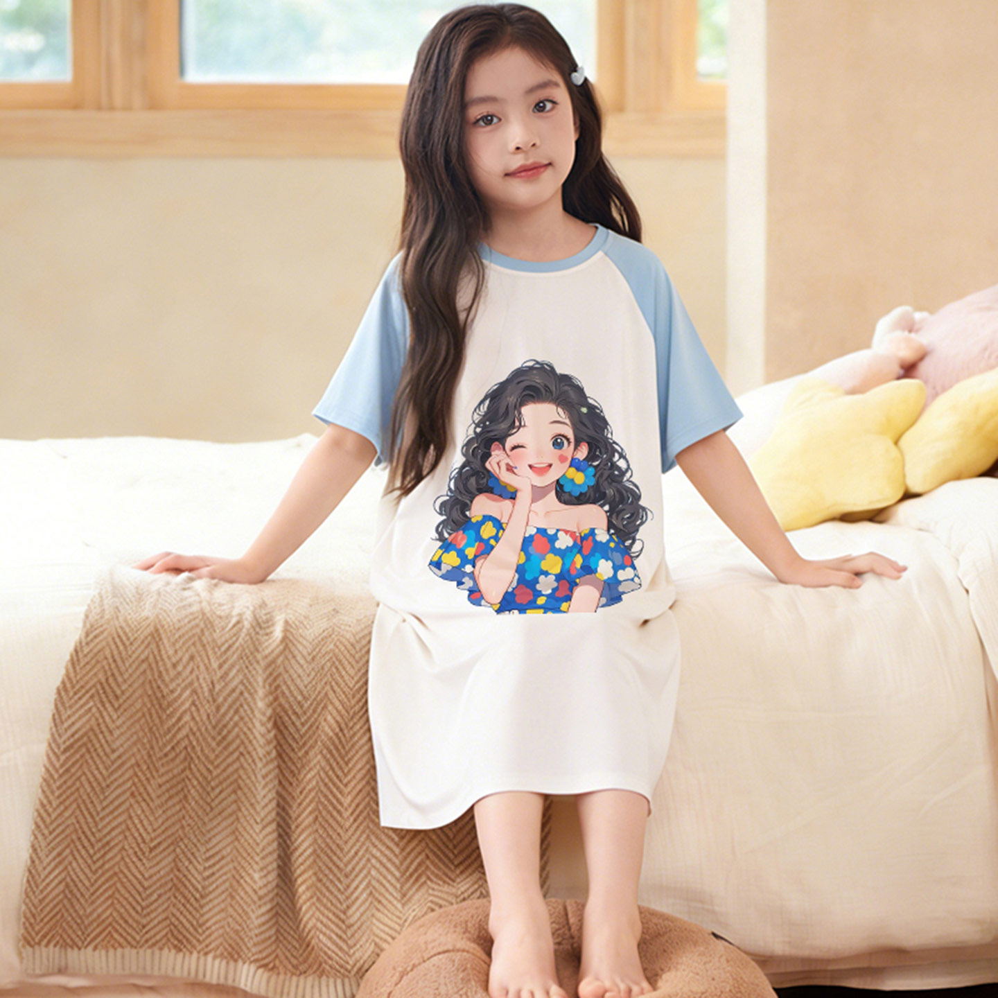 女童莫代尔短袖薄款卡通女孩睡裙