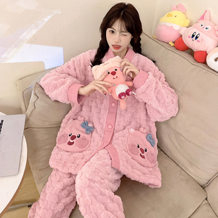 可爱露比loopy睡衣女秋冬季珊瑚绒加绒加厚款女童开衫家居服套装