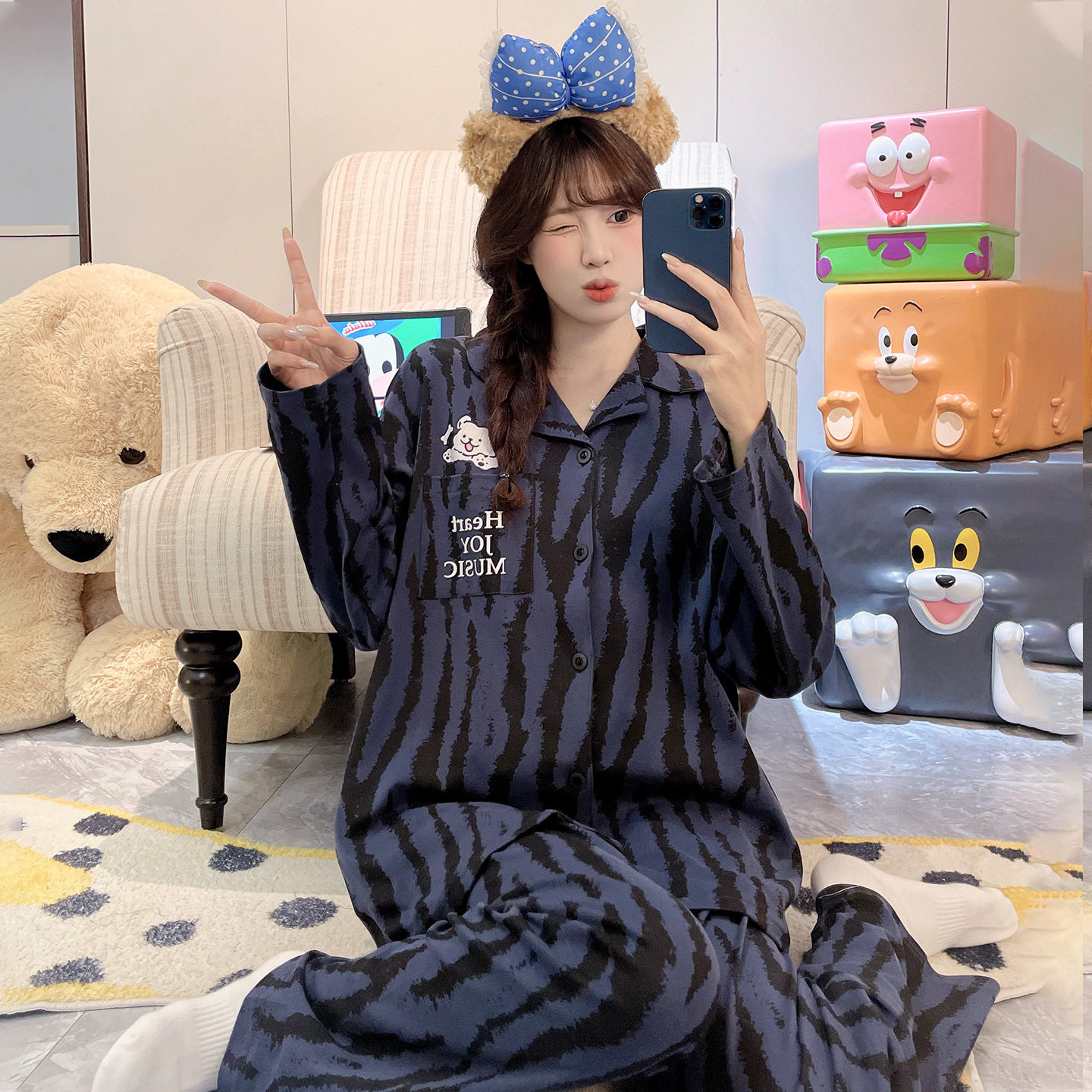 纯棉春秋季长袖女孩加大码家居服