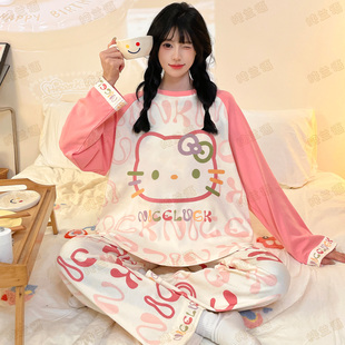 hellokitty凯蒂猫母女亲子睡衣女童套装春秋季长袖纯棉可爱家居服