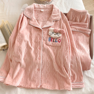 母女装海岛绒睡衣女童秋冬季Kitty猫保暖薄绒女孩中大儿童家居服