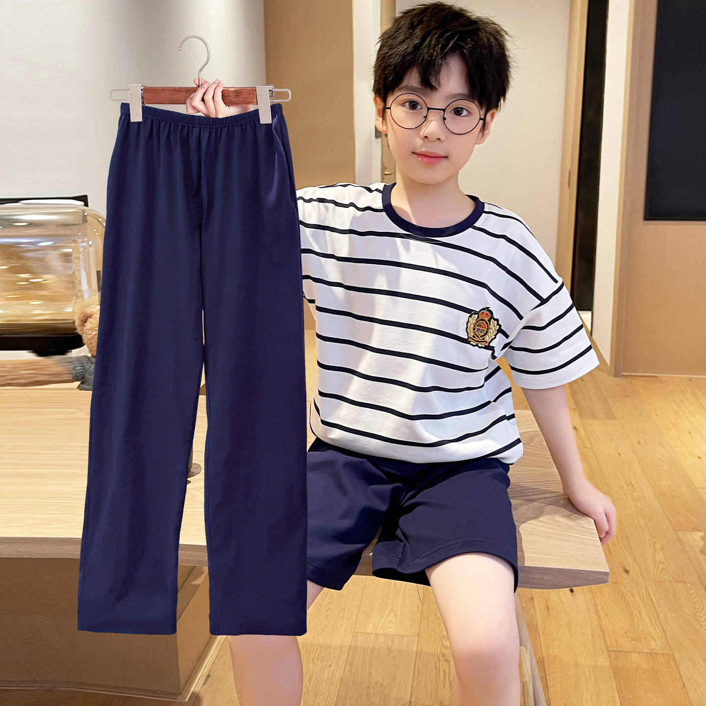 男童夏季纯棉短袖条纹睡衣三件套