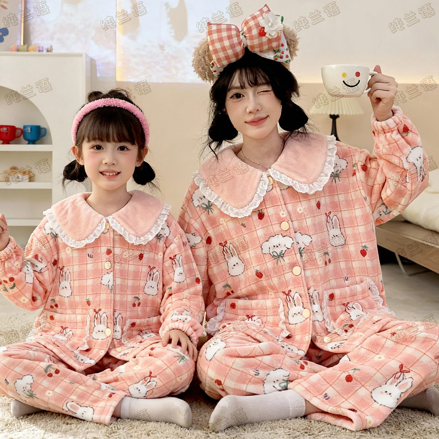 珊瑚绒睡衣母女秋冬季加厚加绒卡通兔子女孩学生法兰绒家居服套装