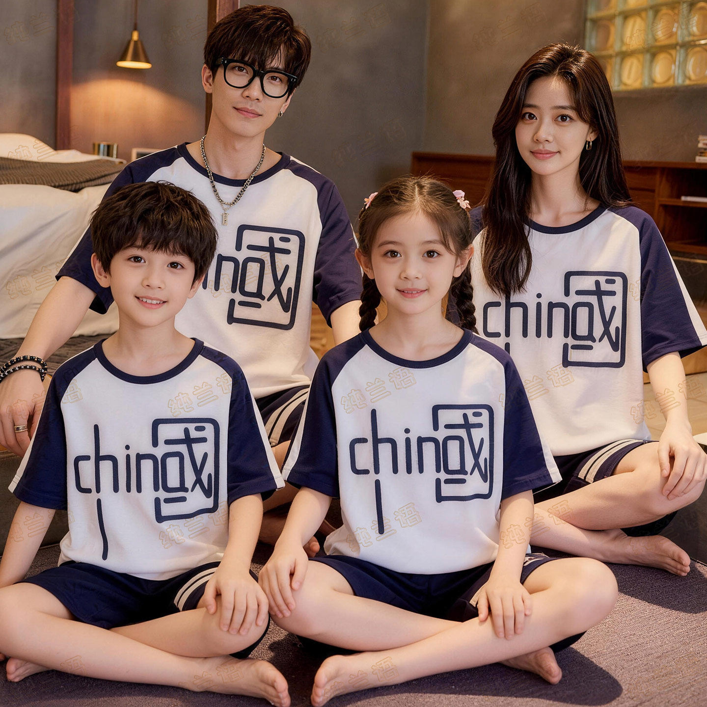 亲子睡衣一家三口装夏季纯棉短袖