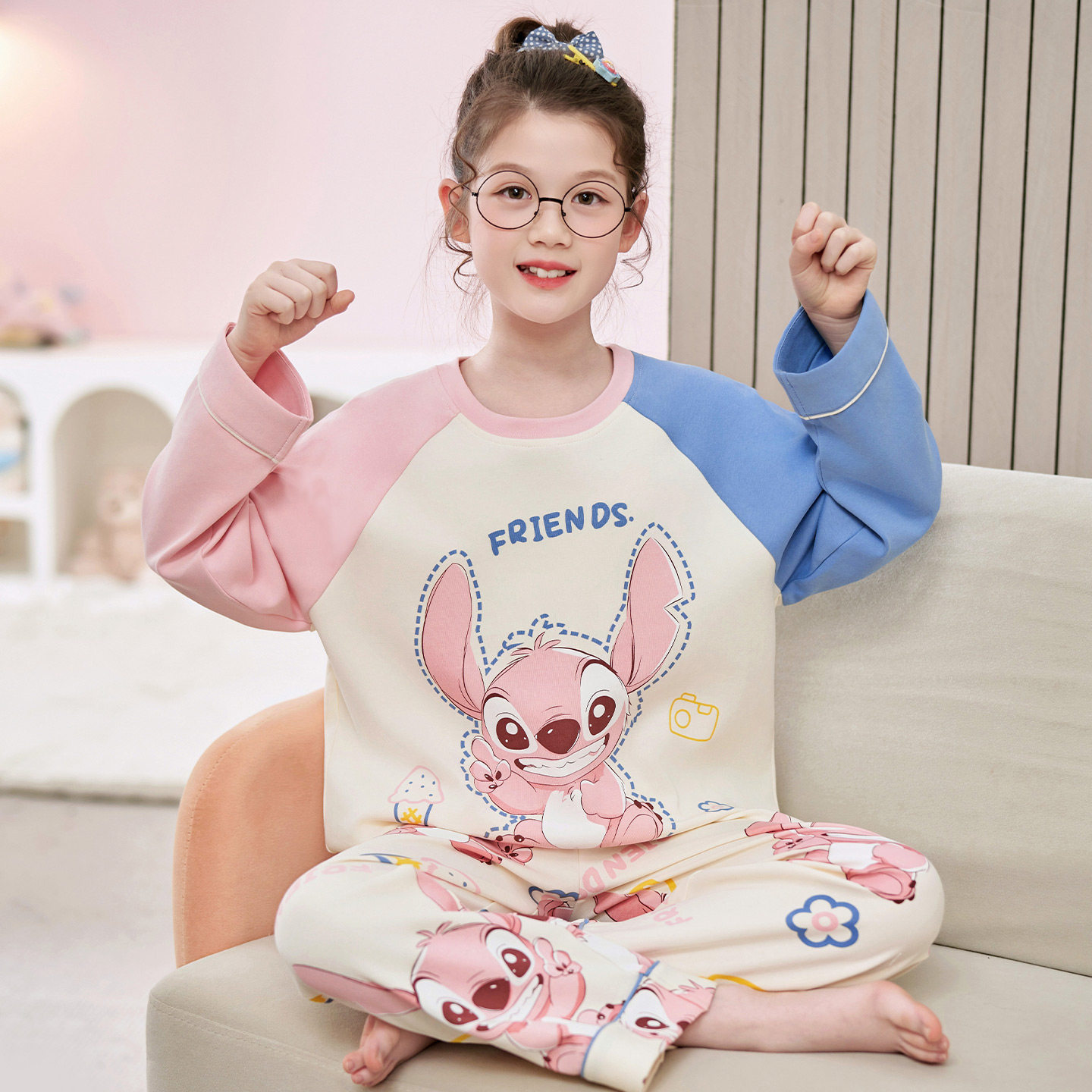 女童睡衣卡通可爱史迪仔印花儿童春秋纯棉舒适长袖长裤家居服套装,童装/婴儿装/亲子装,家居服套装,淘宝优惠券,粉丝福利购,淘宝优惠卷