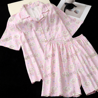 纯棉纱布睡衣女款夏季薄款短袖