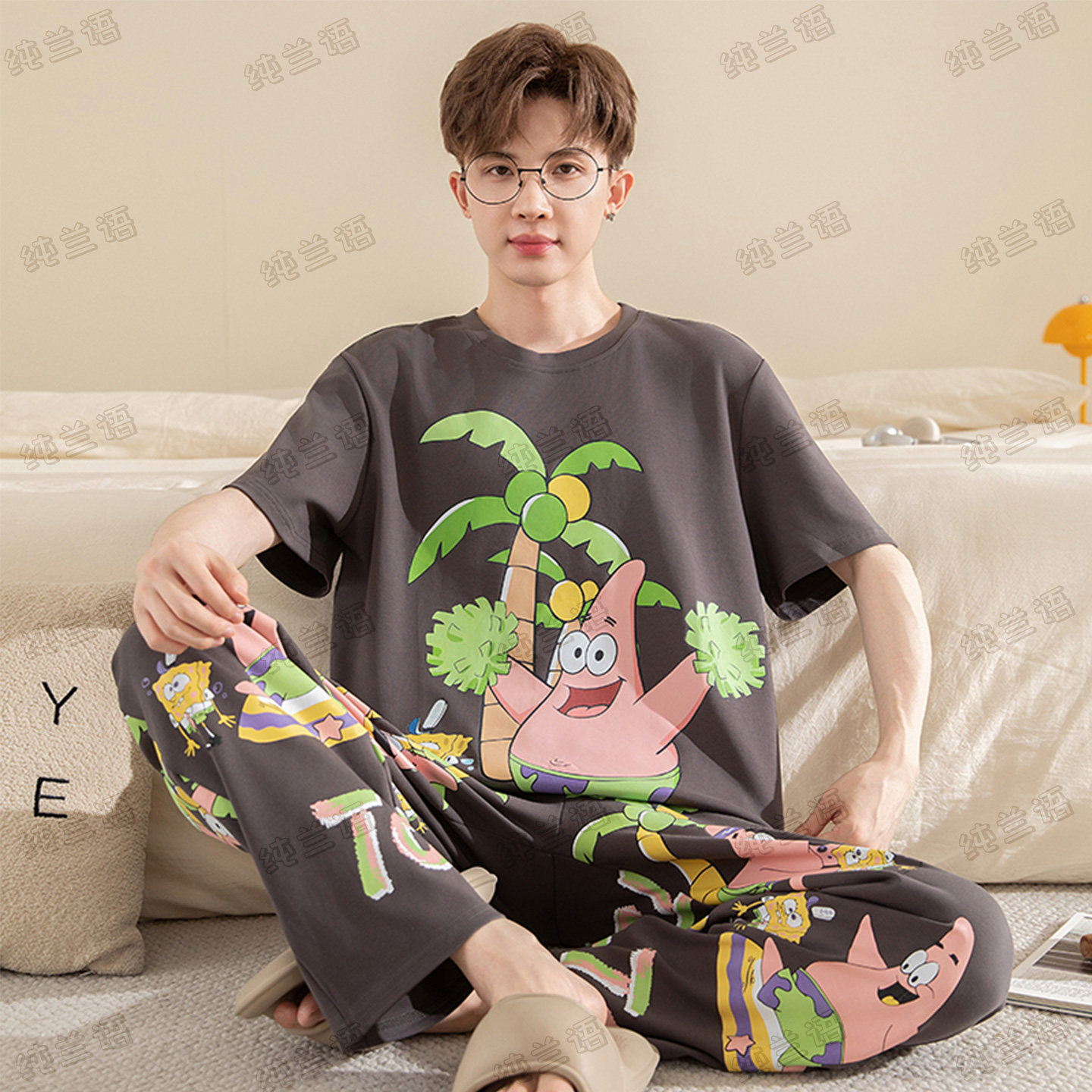 男款夏季纯棉短袖青年薄款家居服