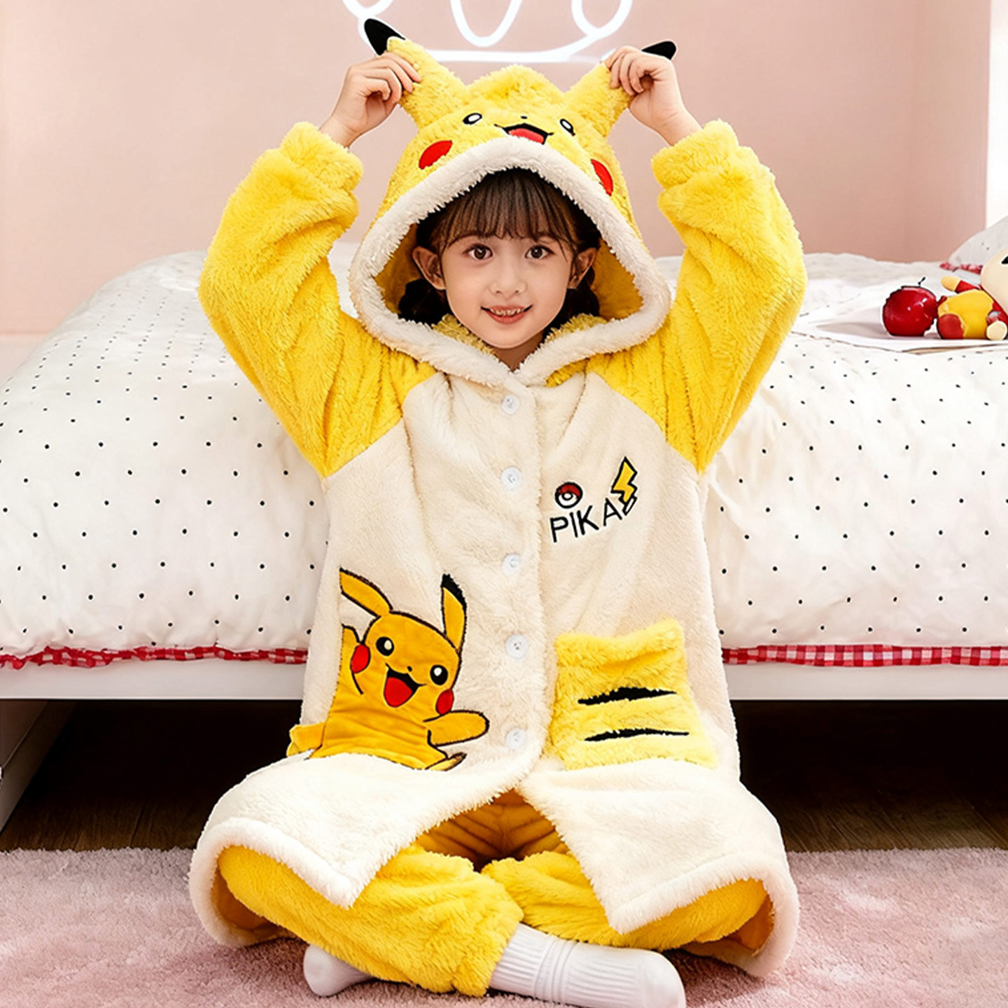 皮卡丘睡袍女童秋冬款珊瑚绒睡衣
