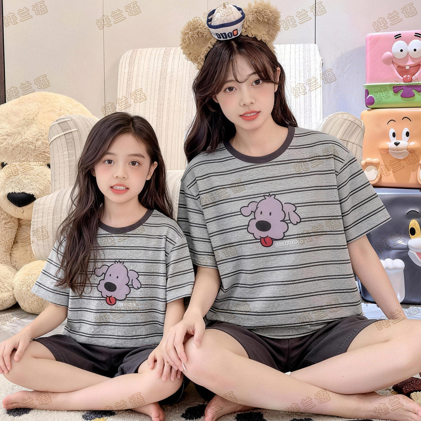 母女条纹短袖纯棉夏季中大童睡衣